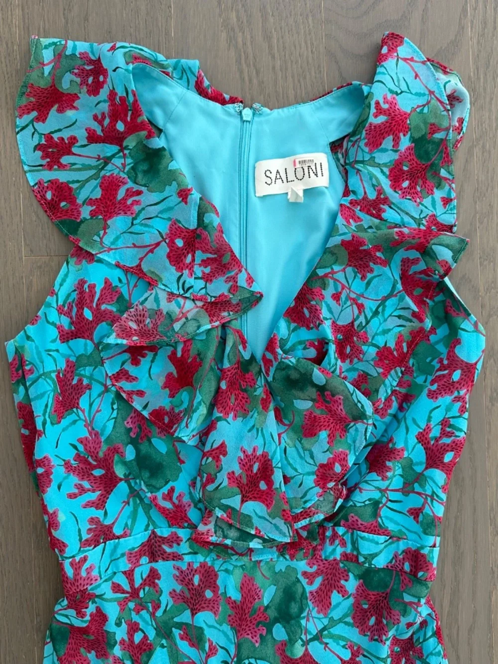 SALONI Rita Silk Maxi Dress Teal Blue Aquarium Floral Ruffle Sleeveless - US 2 - Picture 4 of 12